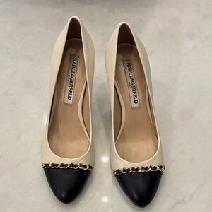 Karl Lagerfeld Cream and Black Chain Accent Heels